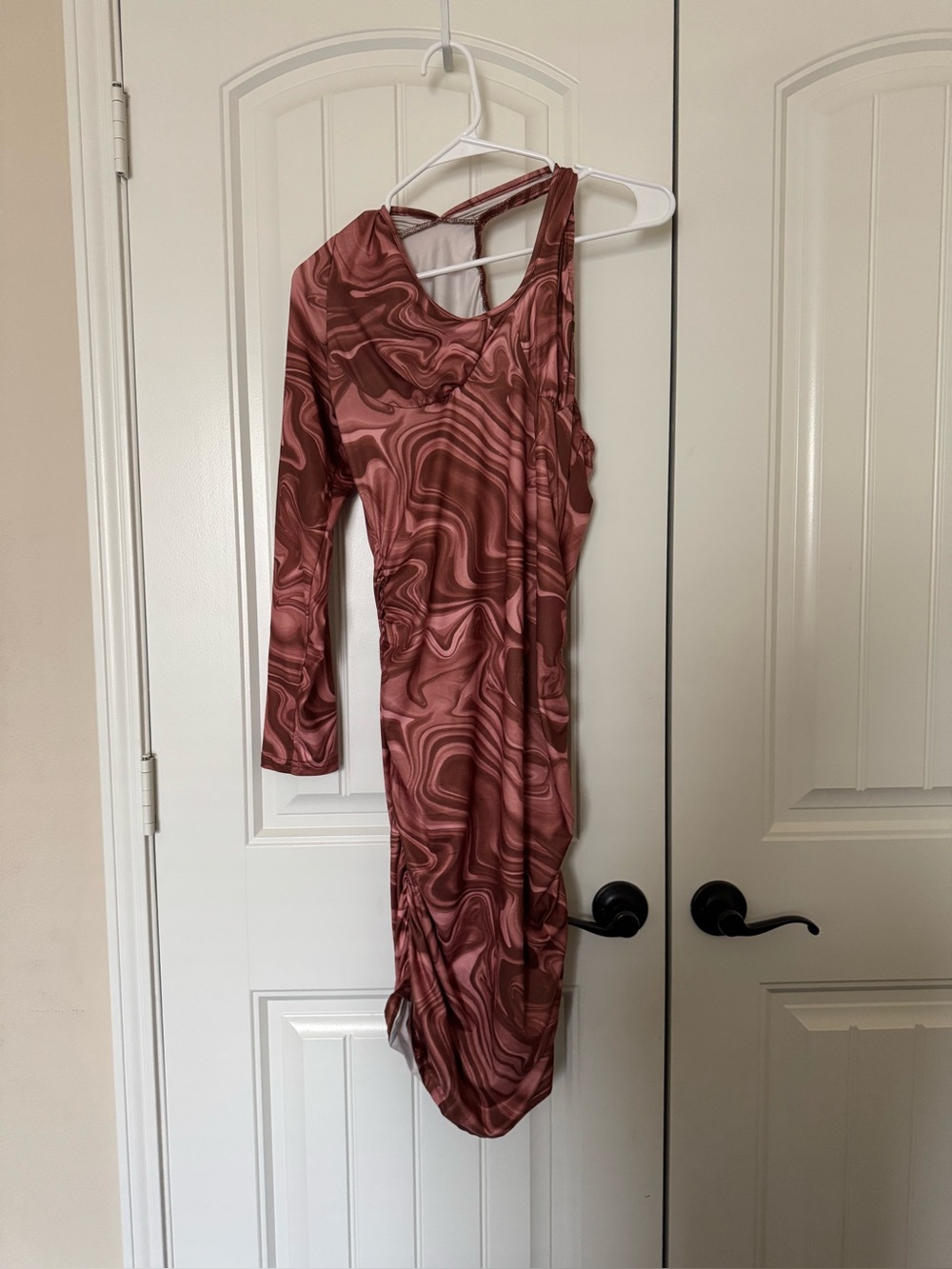 SHEIN One-Shoulder Swirl Midi Dress in Mauve Brown